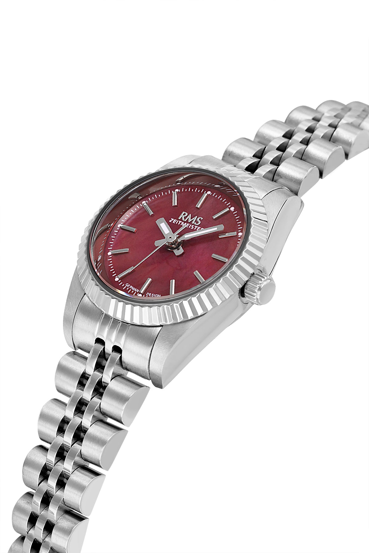 RMS Zeitmeister AG2117.113 women's watch with burgundy mother-of-pearl dial, silver-tone case and stainless steel bracelet – angled view