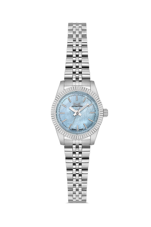 RMS Zeitmeister AG2117.14 women's watch with light blue mother-of-pearl dial, silver-tone case and stainless steel bracelet – front view