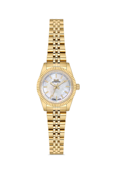 RMS Zeitmeister AG2117.20 women's watch with white mother-of-pearl dial, gold-tone case and stainless steel bracelet – front view