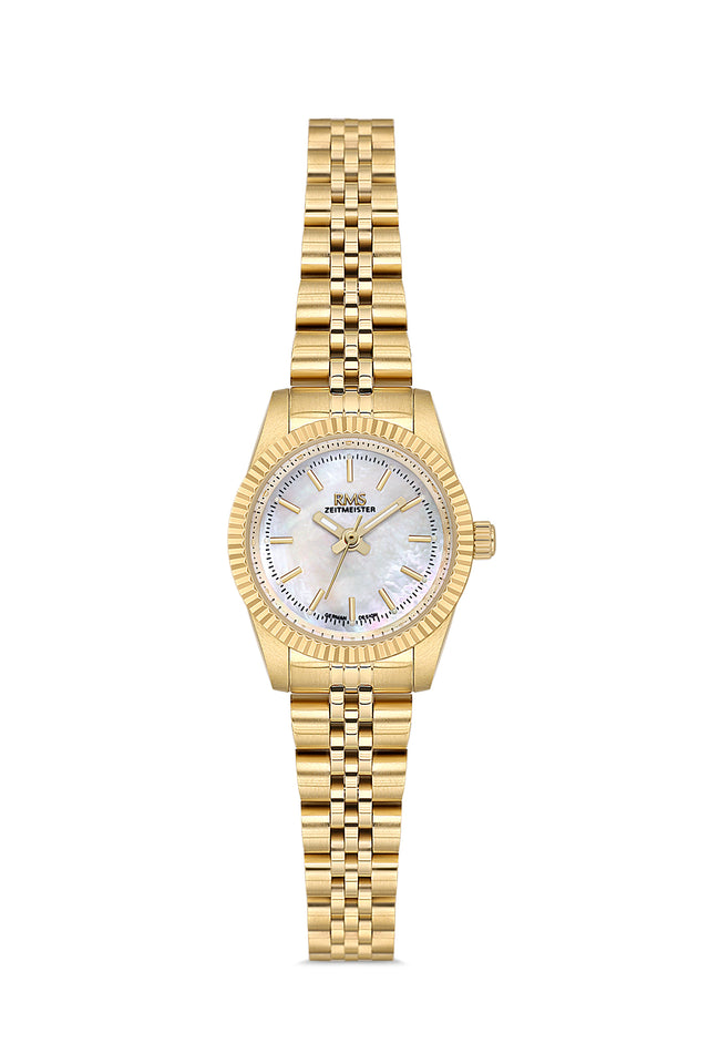 RMS Zeitmeister AG2117.20 women's watch with white mother-of-pearl dial, gold-tone case and stainless steel bracelet – front view