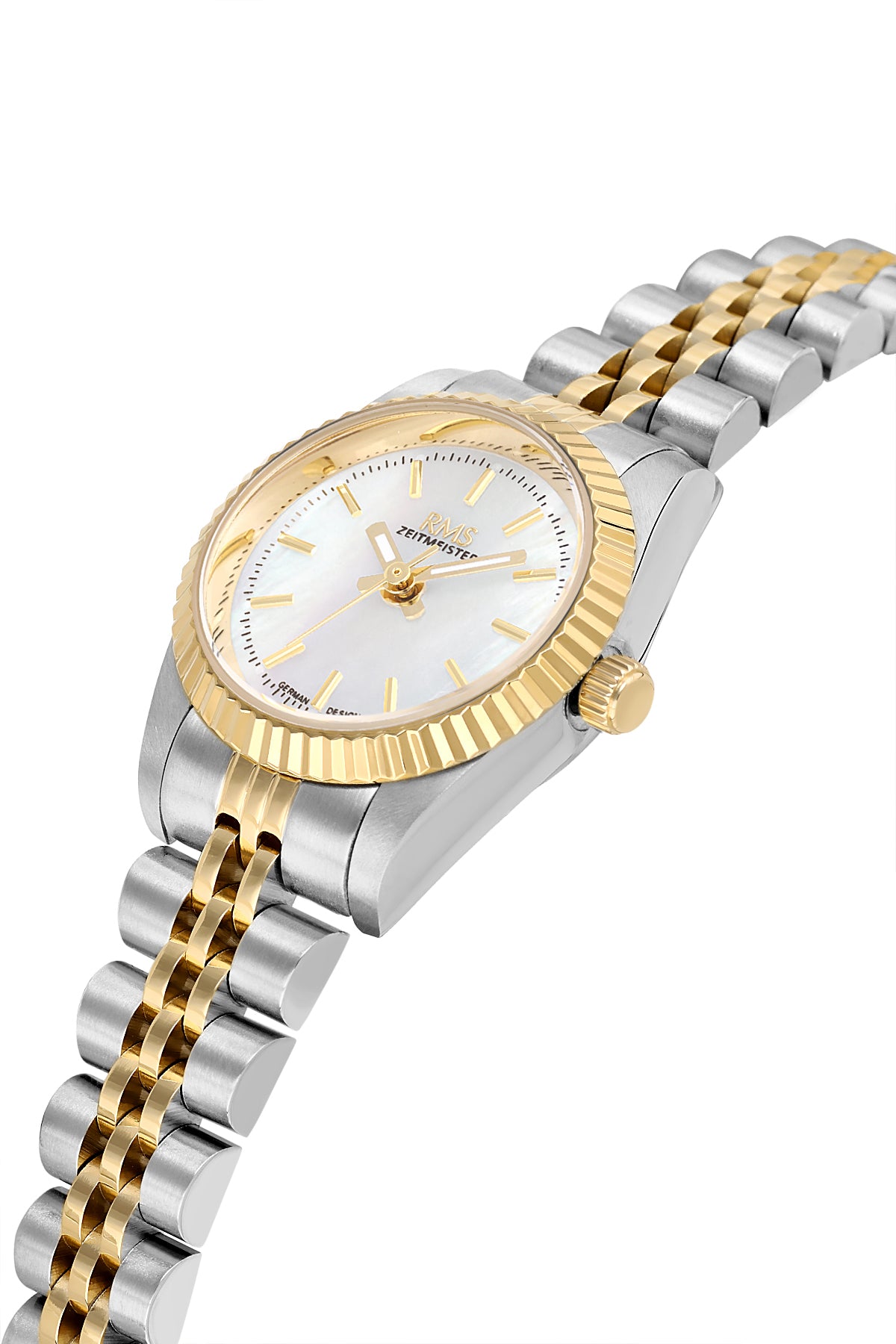 RMS Zeitmeister AG2117.40 women's watch with white mother-of-pearl dial, two-tone case and stainless steel bracelet – angled view