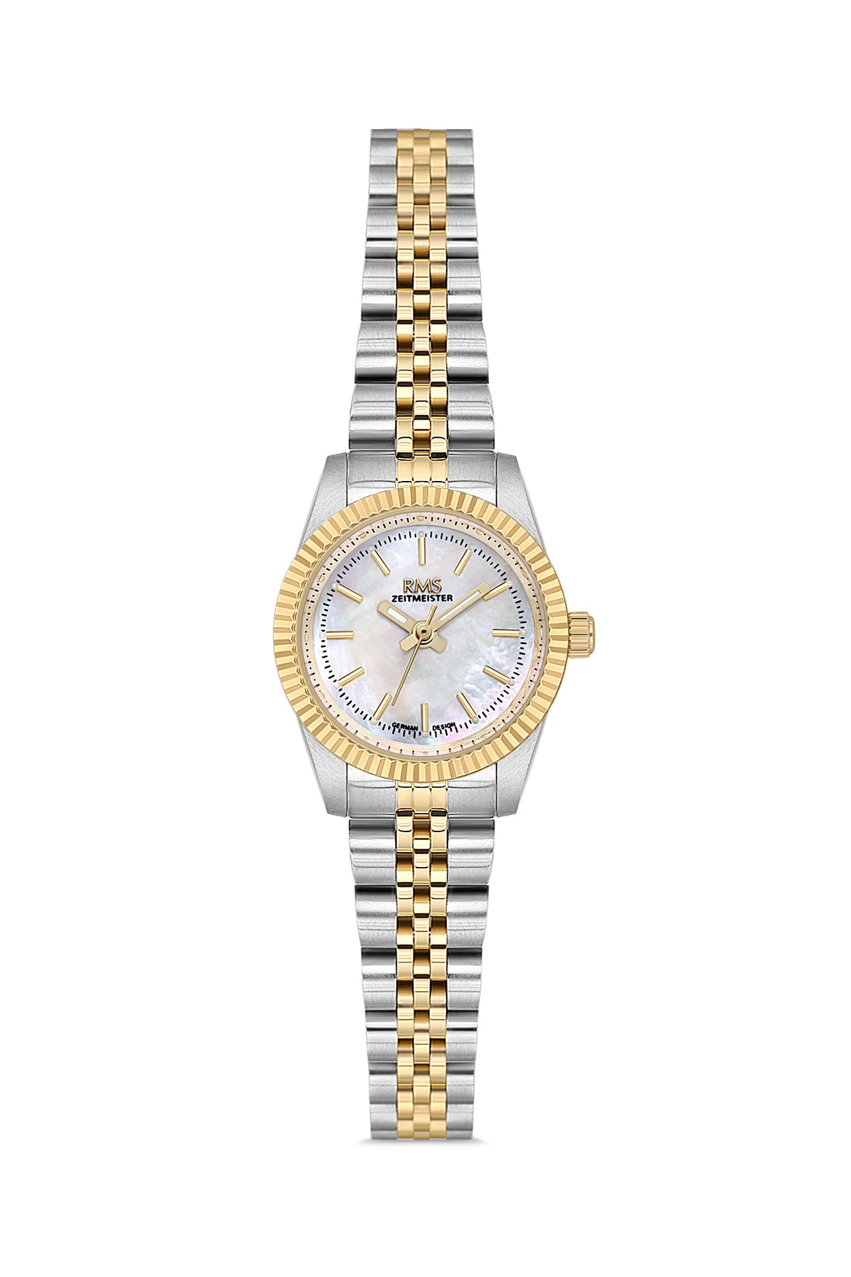 RMS Zeitmeister AG2117.40 women's watch with white mother-of-pearl dial, two-tone case and stainless steel bracelet – front view