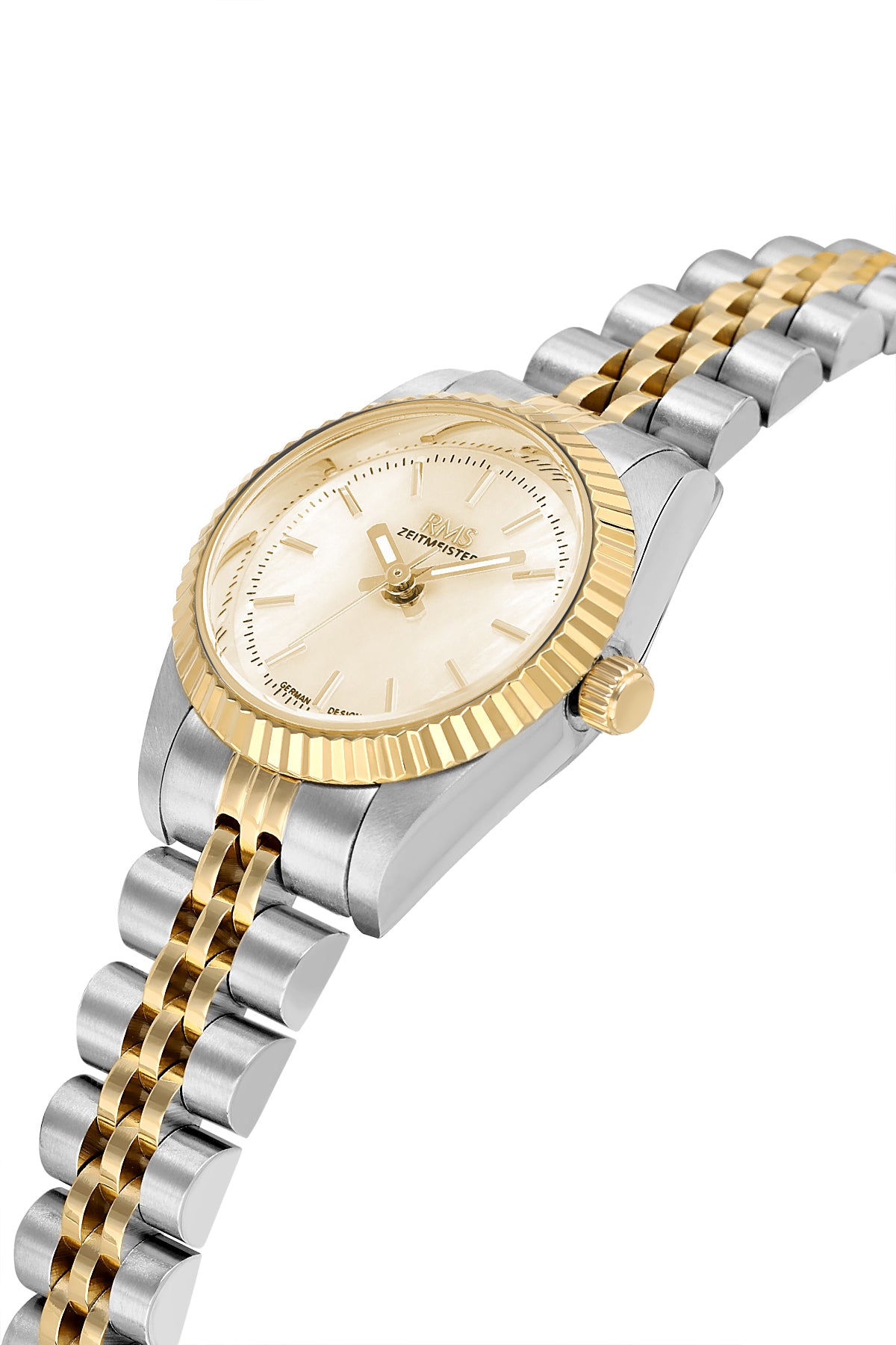 RMS Zeitmeister AG2117.45 women's watch with gold mother-of-pearl dial, two-tone case and stainless steel bracelet – angled view