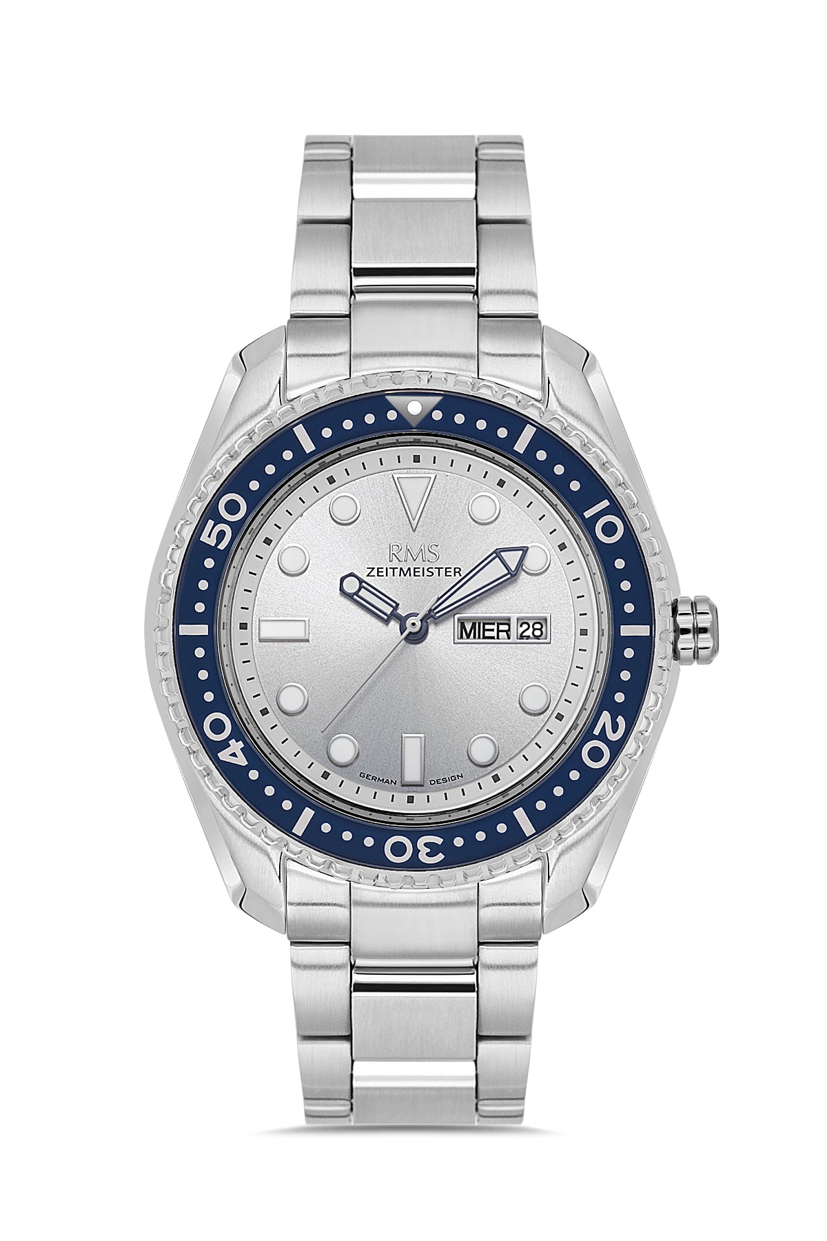 RMS Zeitmeister AG2133.1015 men's watch with silver dial, silver-tone case and stainless steel bracelet – front view