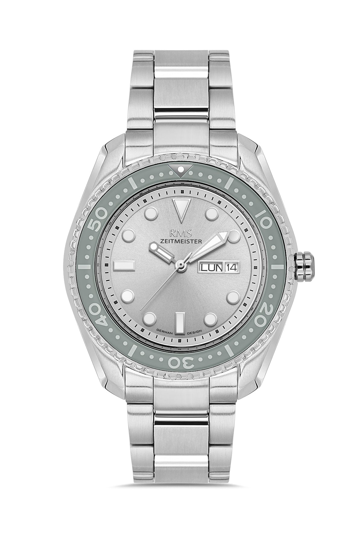 RMS Zeitmeister AG2133.115 men's watch with silver dial, silver-tone case and stainless steel bracelet – front view