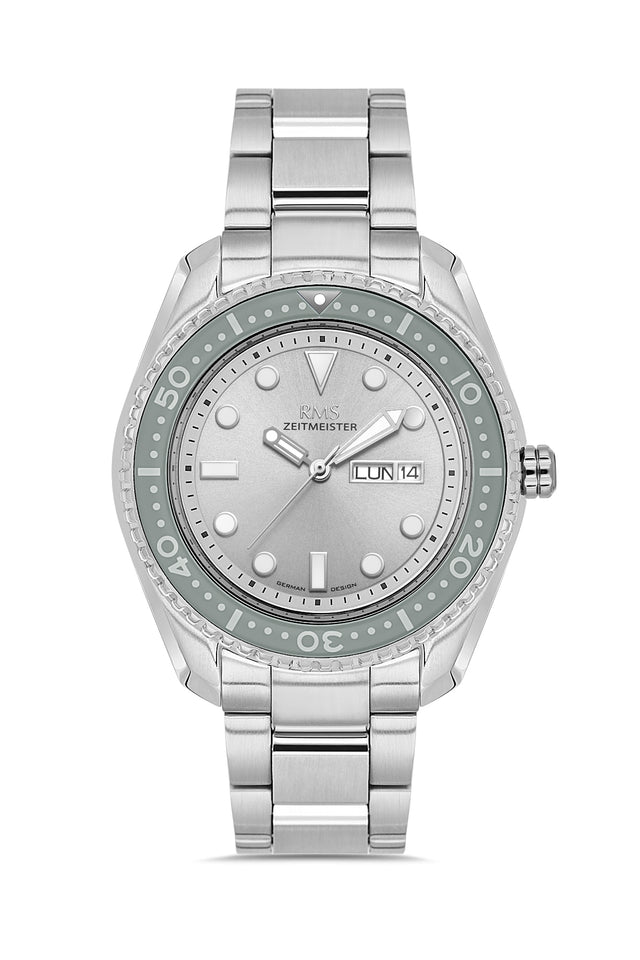 RMS Zeitmeister AG2133.115 men's watch with silver dial, silver-tone case and stainless steel bracelet – front view
