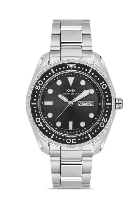 RMS Zeitmeister AG2133.12 men's watch with black dial, silver-tone case and stainless steel bracelet – front view