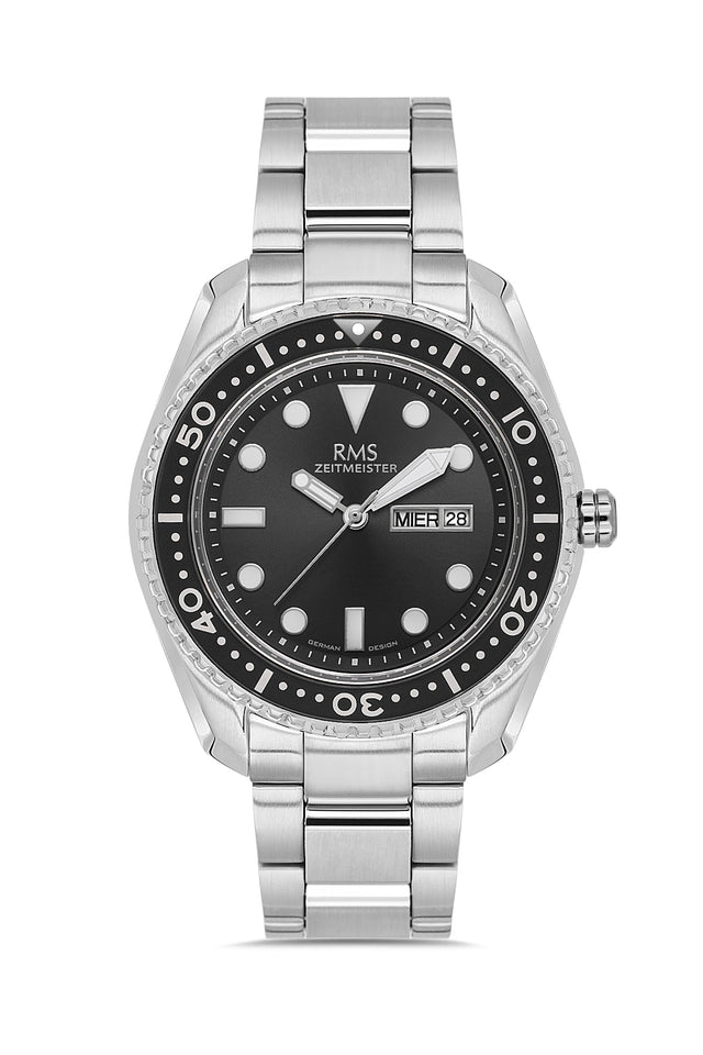 RMS Zeitmeister AG2133.12 men's watch with black dial, silver-tone case and stainless steel bracelet – front view