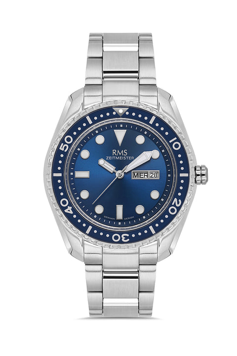 RMS Zeitmeister AG2133.13 men's watch with blue dial, silver-tone case and stainless steel bracelet – front view