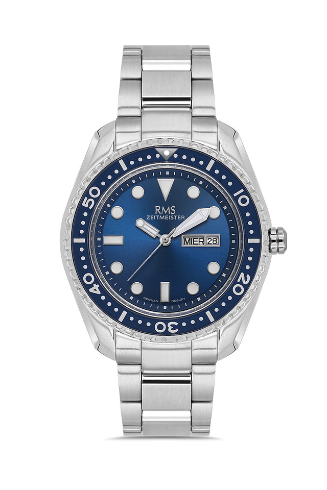 RMS Zeitmeister AG2133.13 men's watch with blue dial, silver-tone case and stainless steel bracelet – front view