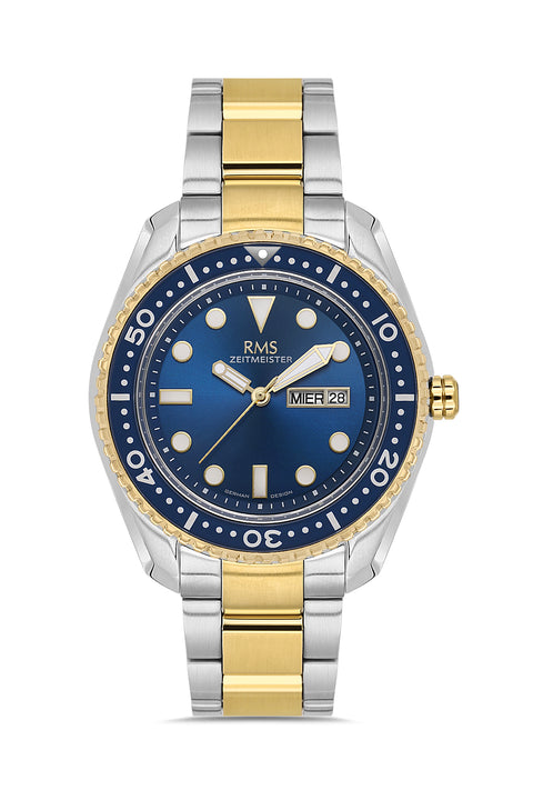 RMS Zeitmeister AG2133.43 men's watch with blue dial, two-tone case and stainless steel bracelet – front view