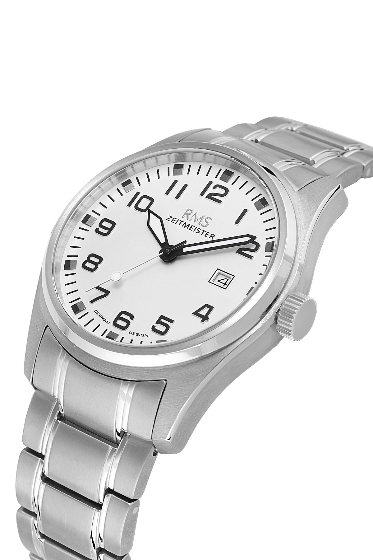 RMS Zeitmeister AG2141.10 men's watch with white dial, titanium case and titanium bracelet – angled view