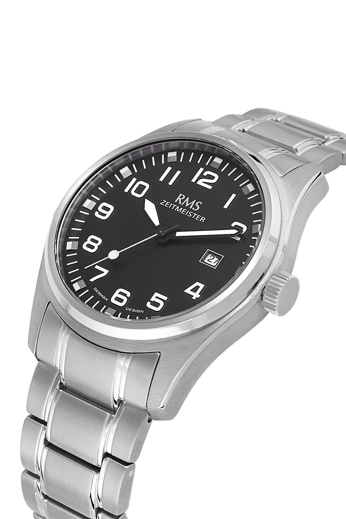 RMS Zeitmeister AG2141.12 men's watch with black dial, titanium case and titanium bracelet – angled view