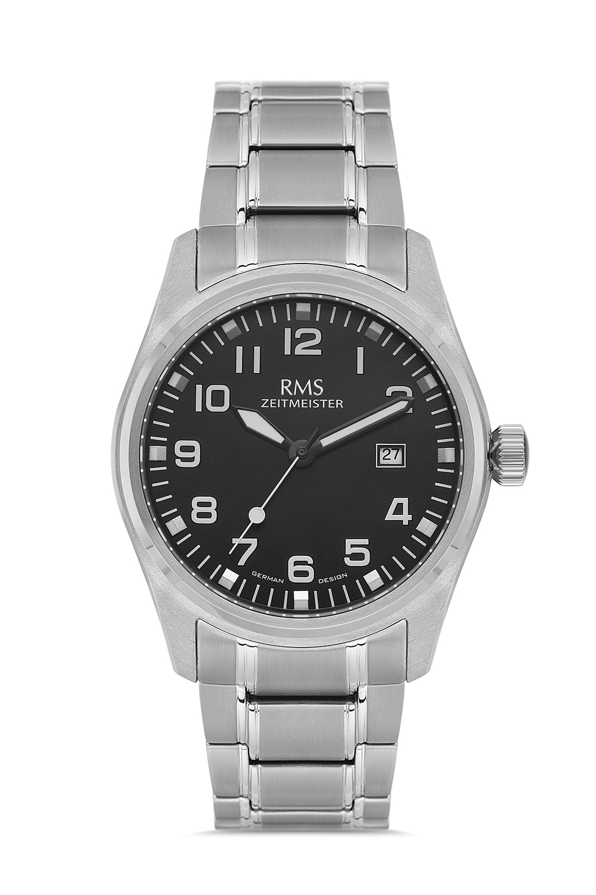 RMS Zeitmeister AG2141.12 men's watch with black dial, titanium case and titanium bracelet – front view