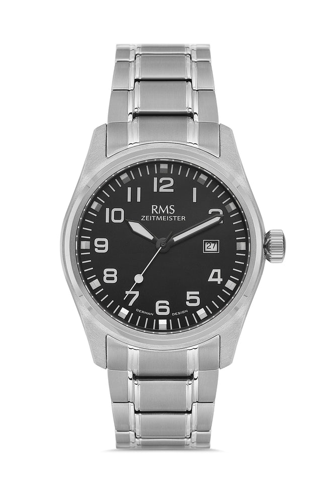 RMS Zeitmeister AG2141.12 men's watch with black dial, titanium case and titanium bracelet – front view