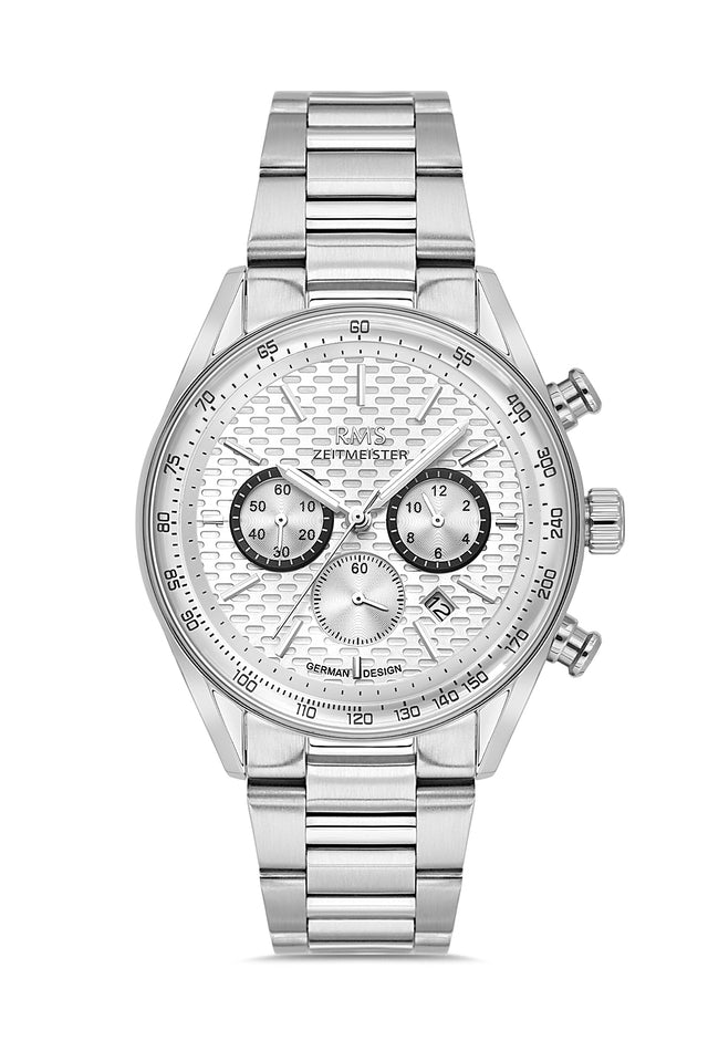 RMS Zeitmeister AG2144.10 men's chronograph watch with silver dial, silver-tone case and stainless steel bracelet – front view