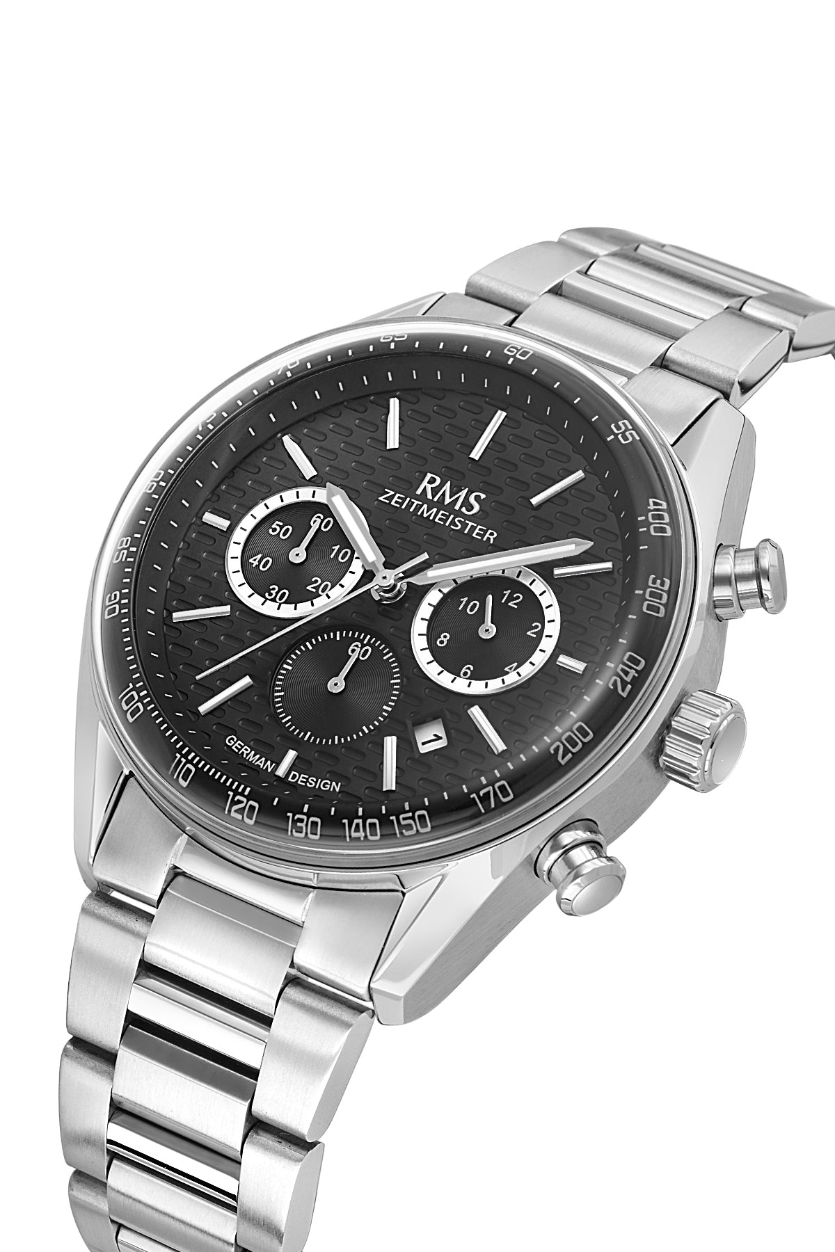 RMS Zeitmeister AG2144.12 men's chronograph watch with black dial, silver-tone case and stainless steel bracelet – angled view