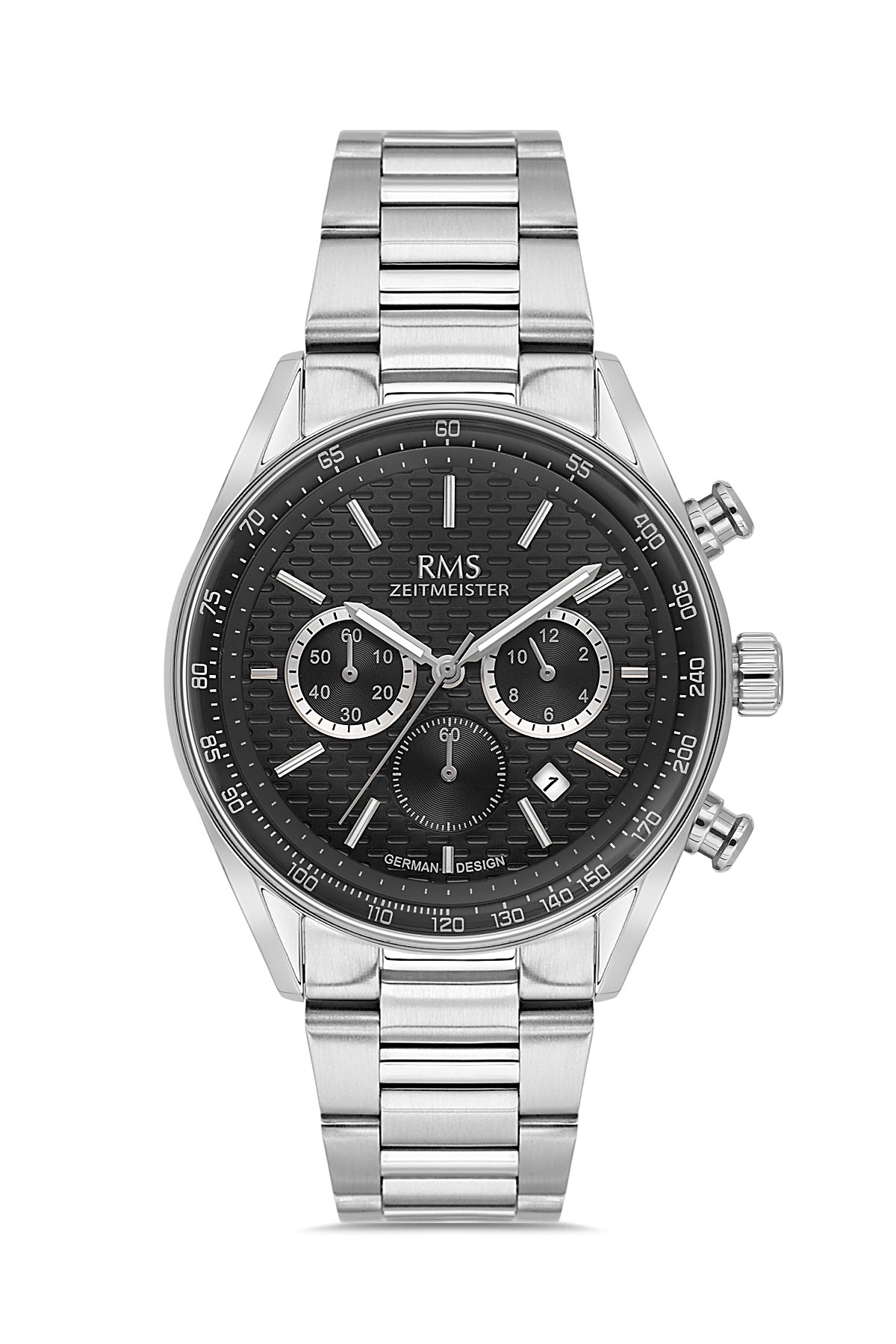 RMS Zeitmeister AG2144.12 men's chronograph watch with black dial, silver-tone case and stainless steel bracelet – front view