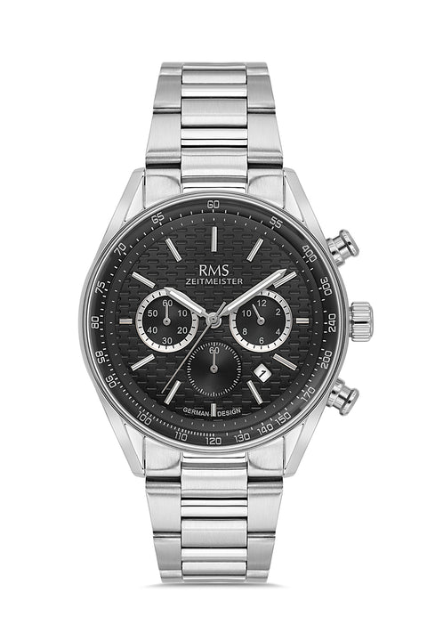 RMS Zeitmeister AG2144.12 men's chronograph watch with black dial, silver-tone case and stainless steel bracelet – front view