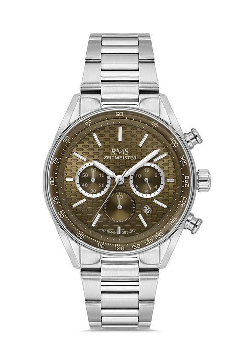 RMS Zeitmeister AG2144.17 men's chronograph watch with brown dial, silver-tone case and stainless steel bracelet – front view