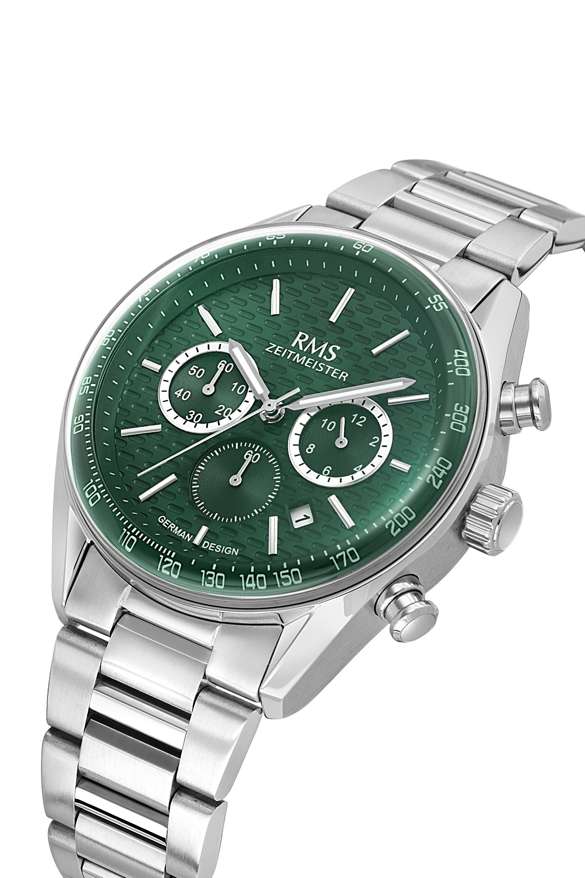 RMS Zeitmeister AG2144.19 men's chronograph watch with green dial, silver-tone case and stainless steel bracelet – angled view