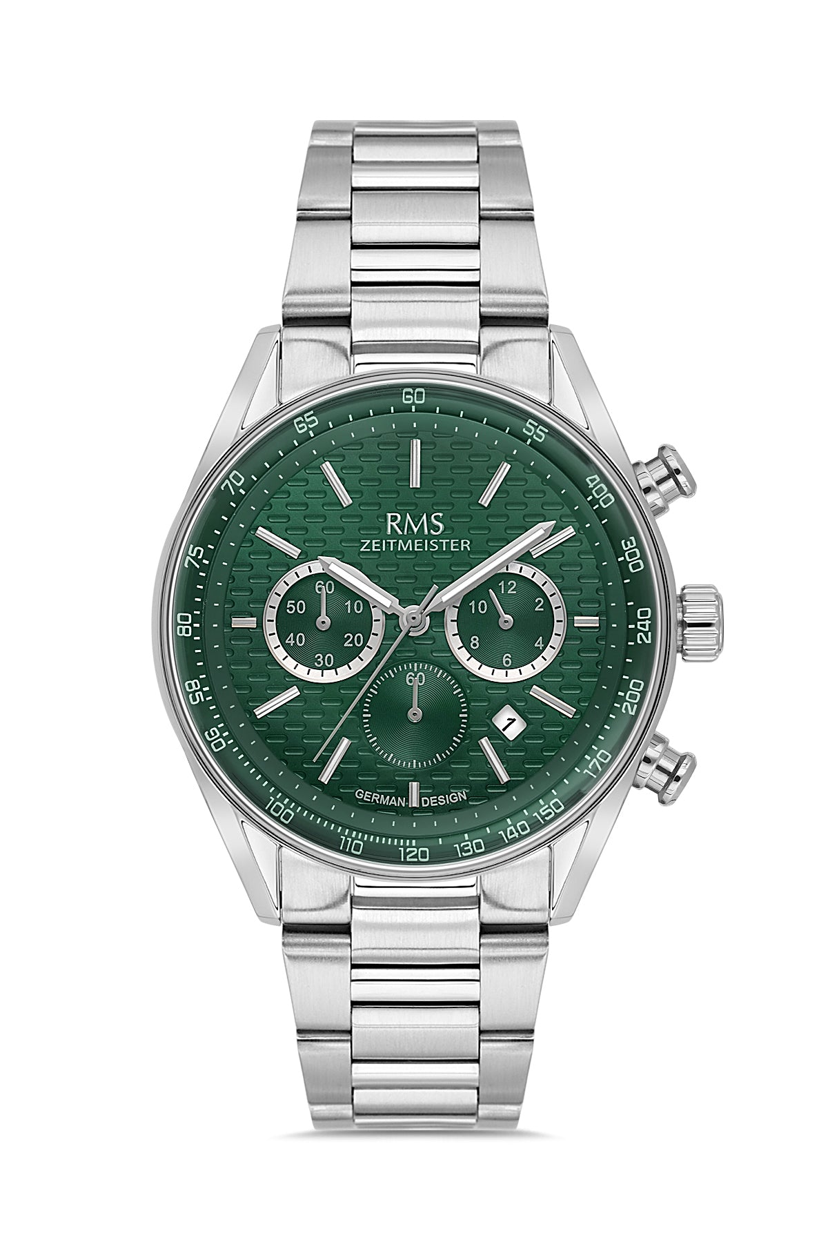 RMS Zeitmeister AG2144.19 men's chronograph watch with green dial, silver-tone case and stainless steel bracelet – front view