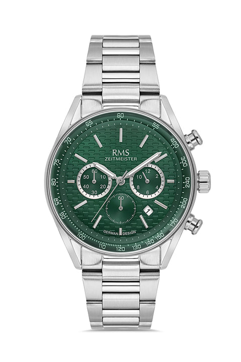 RMS Zeitmeister AG2144.19 men's chronograph watch with green dial, silver-tone case and stainless steel bracelet – front view