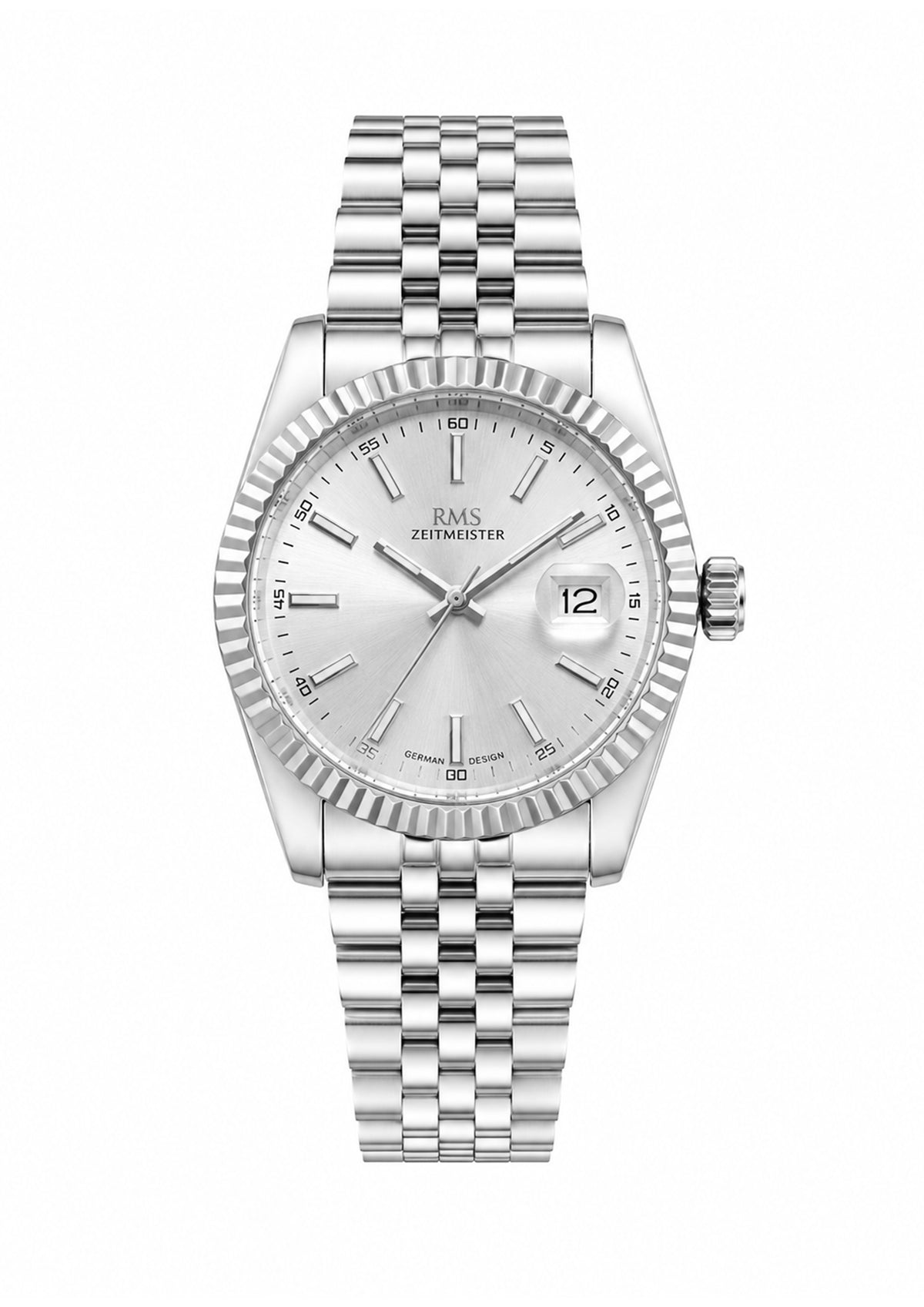 RMS Zeitmeister AG2147.10 men's watch with silver dial, silver-tone case and stainless steel bracelet – front view