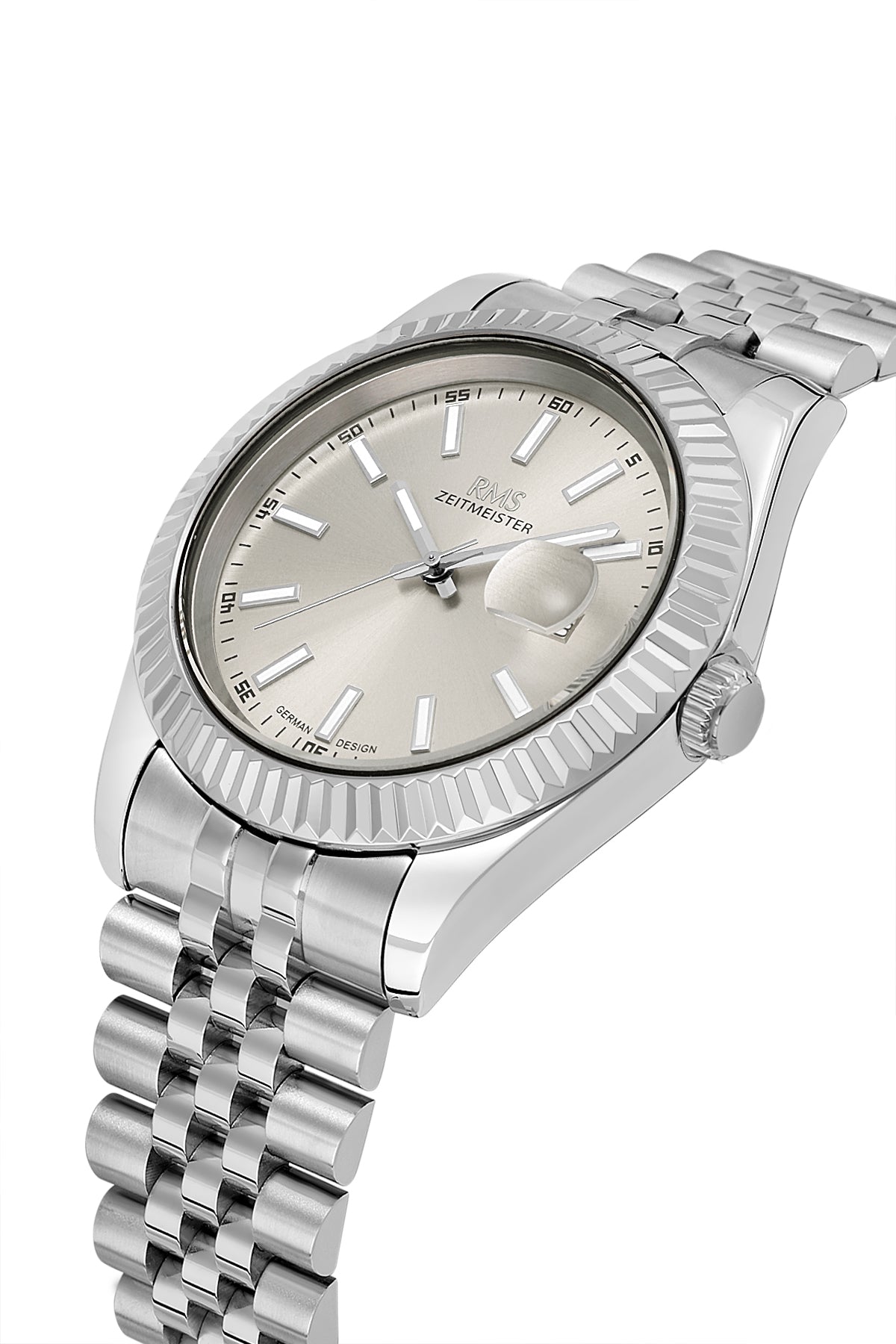RMS Zeitmeister AG2147.115 men's watch with gray dial, silver-tone case and stainless steel bracelet – angled view