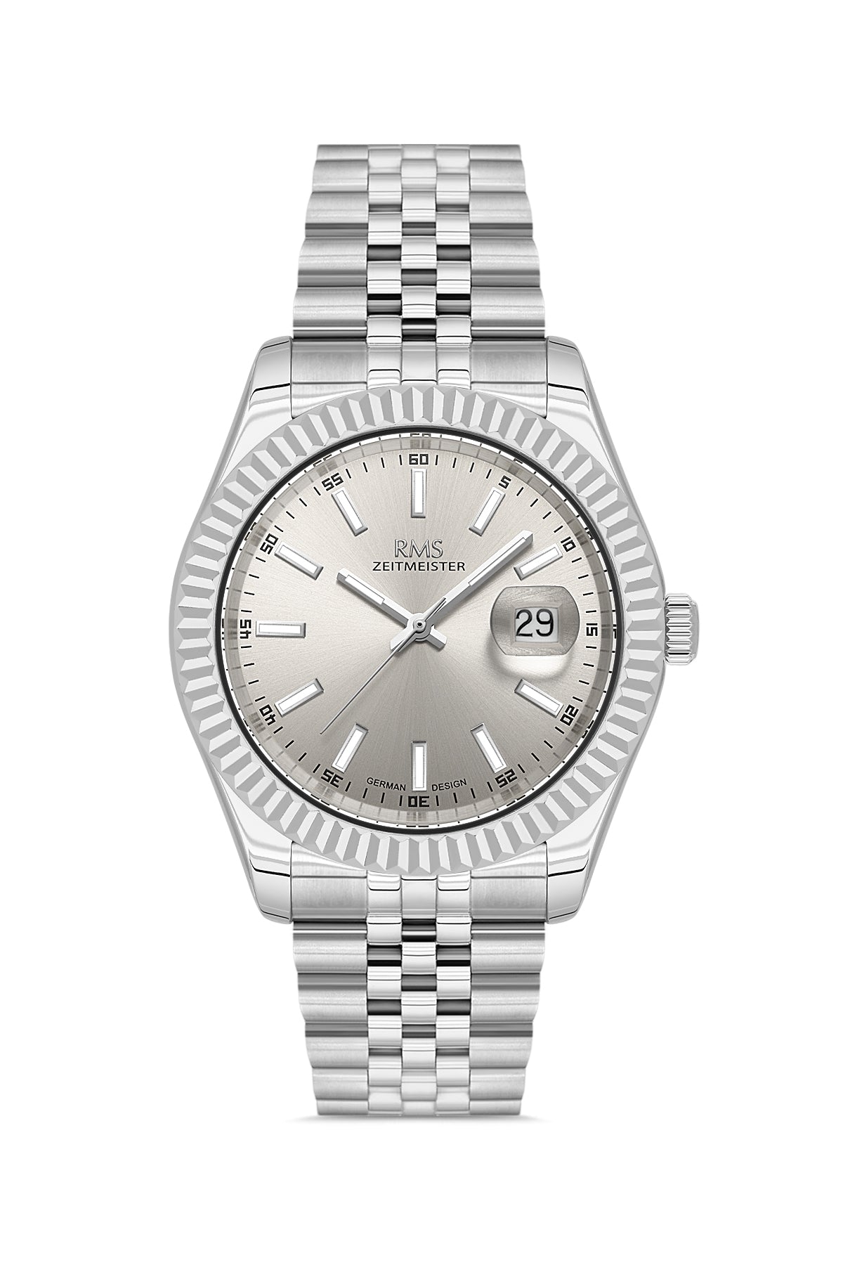 RMS Zeitmeister AG2147.115 men's watch with gray dial, silver-tone case and stainless steel bracelet – front view