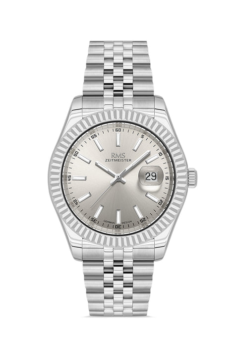RMS Zeitmeister AG2147.115 men's watch with gray dial, silver-tone case and stainless steel bracelet – front view