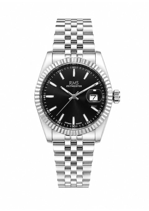 RMS Zeitmeister AG2147.12 men's watch with black dial, silver-tone case and stainless steel bracelet – front view