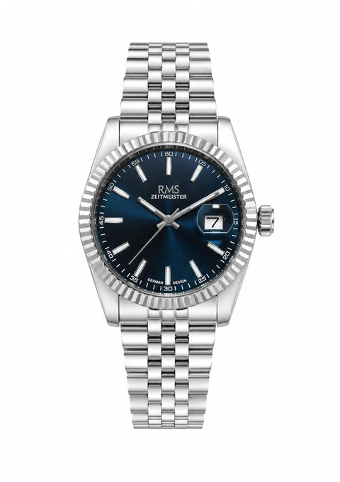 RMS Zeitmeister AG2147.13 men's watch with blue dial, silver-tone case and stainless steel bracelet – front view