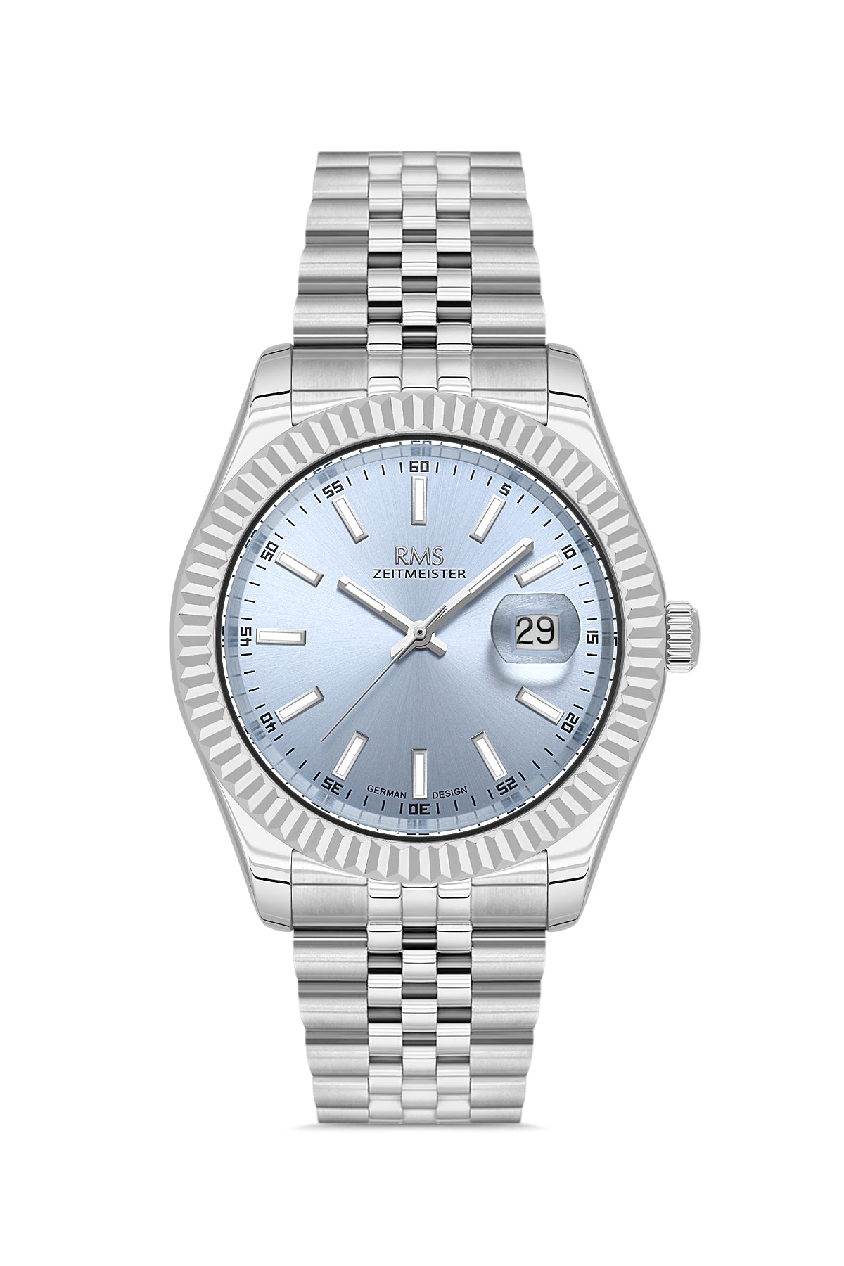 RMS Zeitmeister AG2147.14 men's watch with light blue dial, silver-tone case and stainless steel bracelet – front view