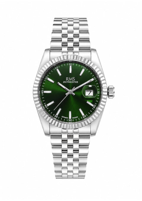 RMS Zeitmeister AG2147.19 men's watch with green dial, silver-tone case and stainless steel bracelet – front view