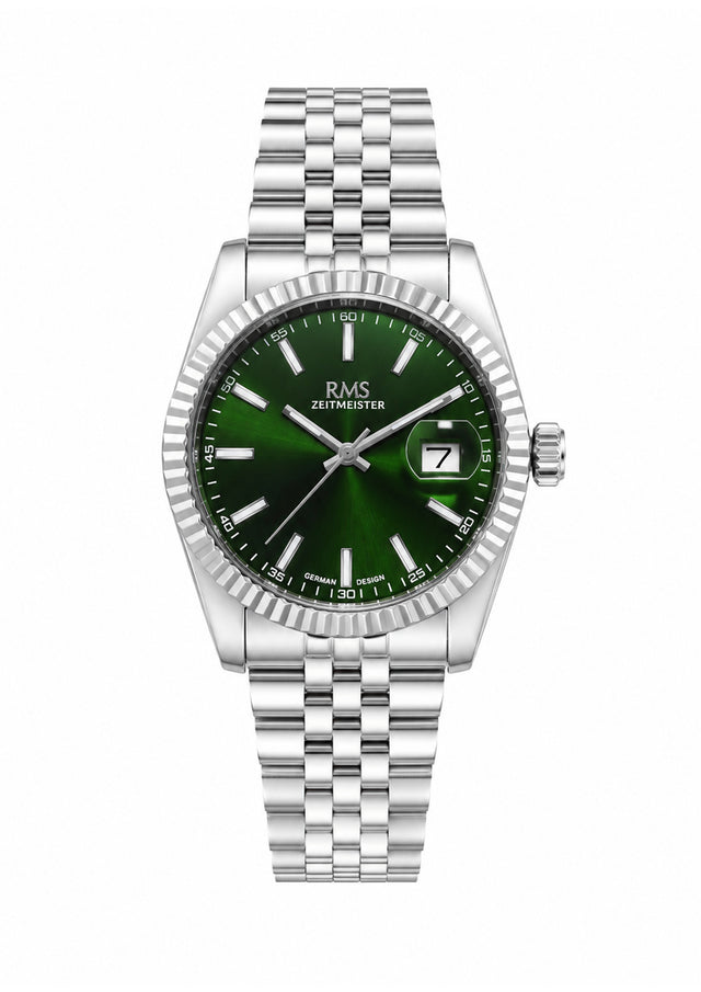 RMS Zeitmeister AG2147.19 men's watch with green dial, silver-tone case and stainless steel bracelet – front view