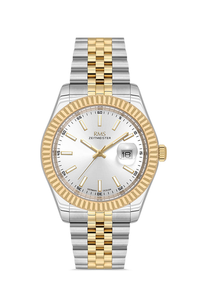 RMS Zeitmeister AG2147.40 men's watch with silver dial, two-tone case and stainless steel bracelet – front view
