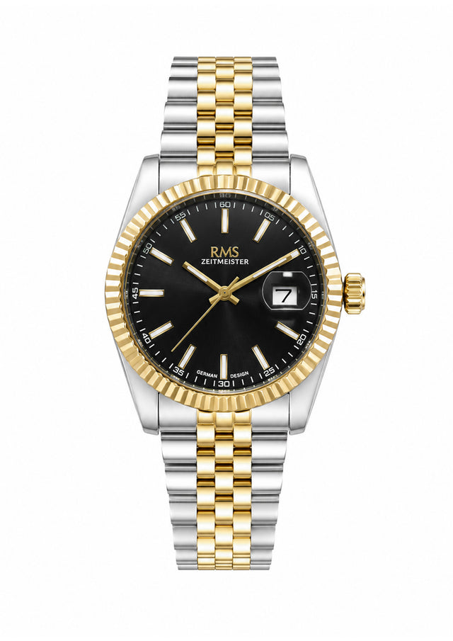 RMS Zeitmeister AG2147.42 men's watch with black dial, two-tone case and stainless steel bracelet – front view