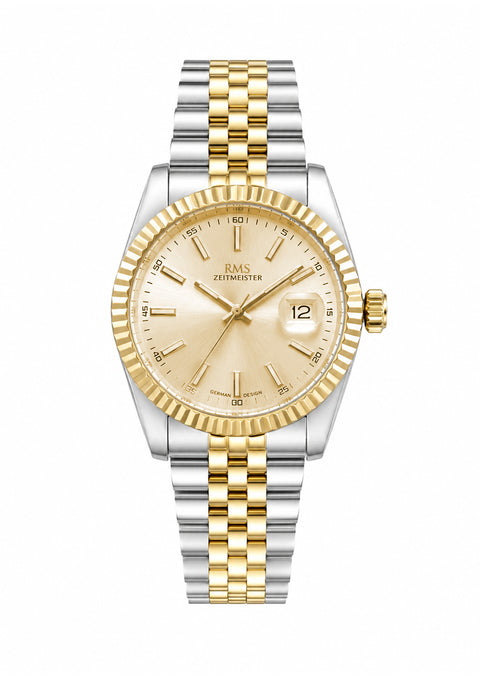 RMS Zeitmeister AG2147.45 men's watch with gold dial, two-tone case and stainless steel bracelet – front view
