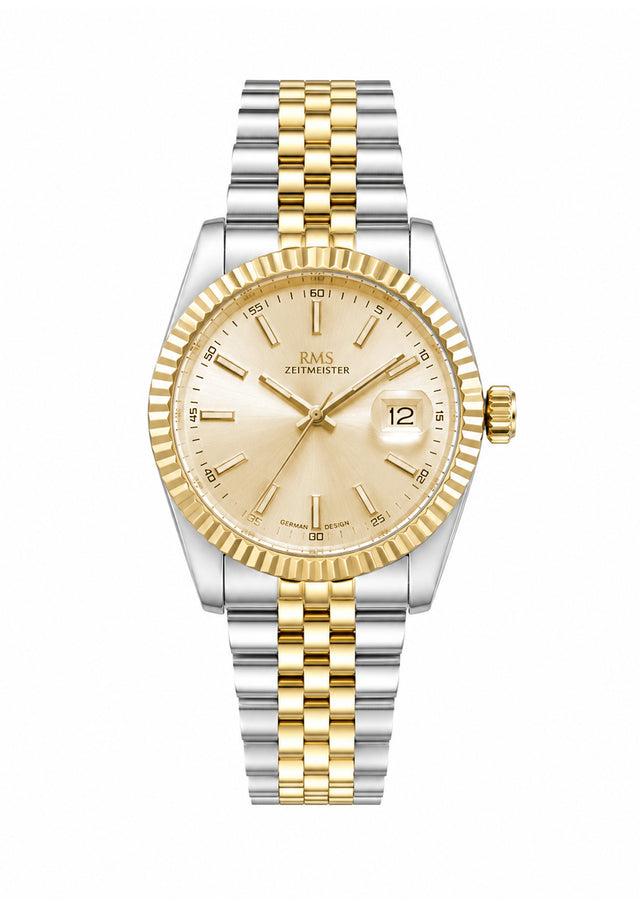 RMS Zeitmeister AG2147.45 men's watch with gold dial, two-tone case and stainless steel bracelet – front view