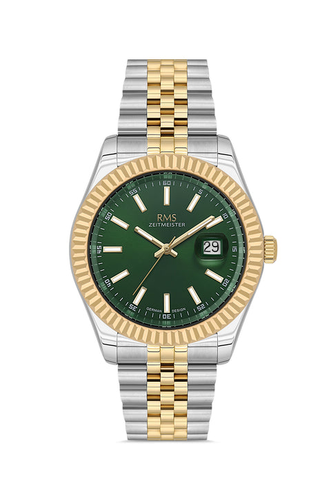 RMS Zeitmeister AG2147.49 men's watch with green dial, two-tone case and stainless steel bracelet – front view