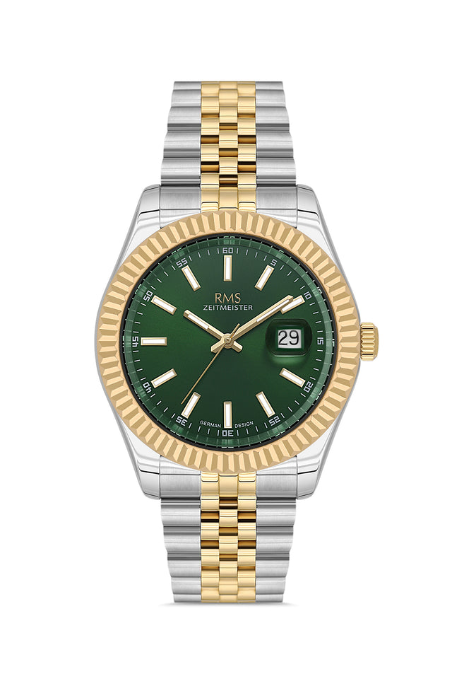 RMS Zeitmeister AG2147.49 men's watch with green dial, two-tone case and stainless steel bracelet – front view