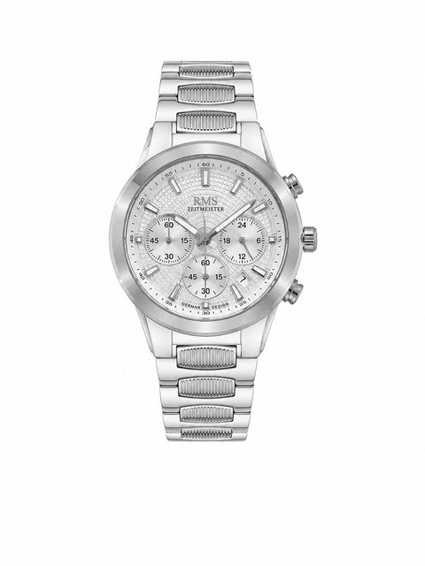 RMS Zeitmeister AG2150.10 men's chronograph watch with silver dial, silver-tone case and stainless steel bracelet – front view