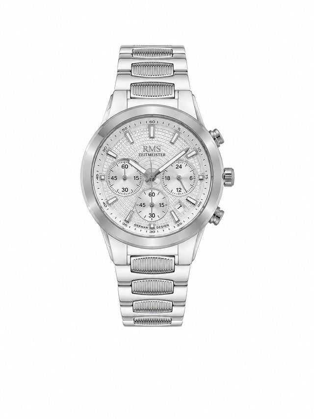 RMS Zeitmeister AG2150.10 men's chronograph watch with silver dial, silver-tone case and stainless steel bracelet – front view