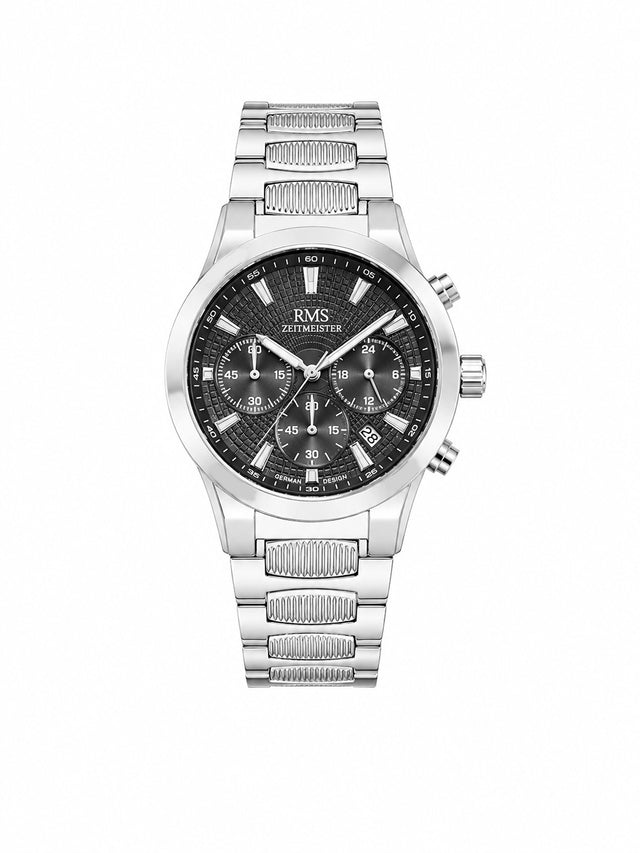 RMS Zeitmeister AG2150.12 men's chronograph watch with black dial, silver-tone case and stainless steel bracelet – front view