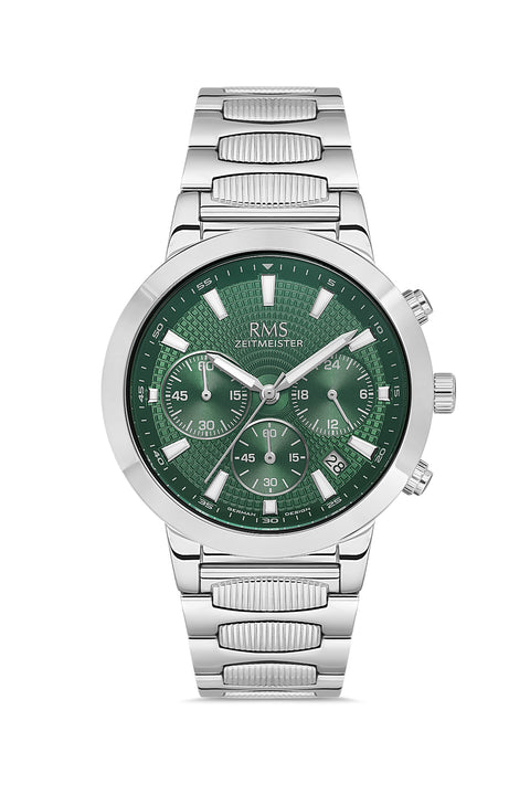 RMS Zeitmeister AG2150.19 men's chronograph watch with green dial, silver-tone case and stainless steel bracelet – front view