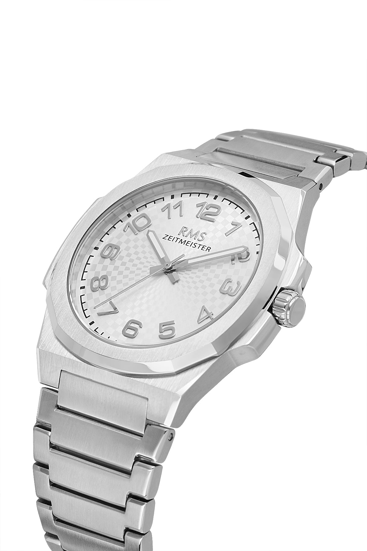 RMS Zeitmeister AG2156.10 men's watch with silver dial, silver-tone case and stainless steel bracelet – angled view