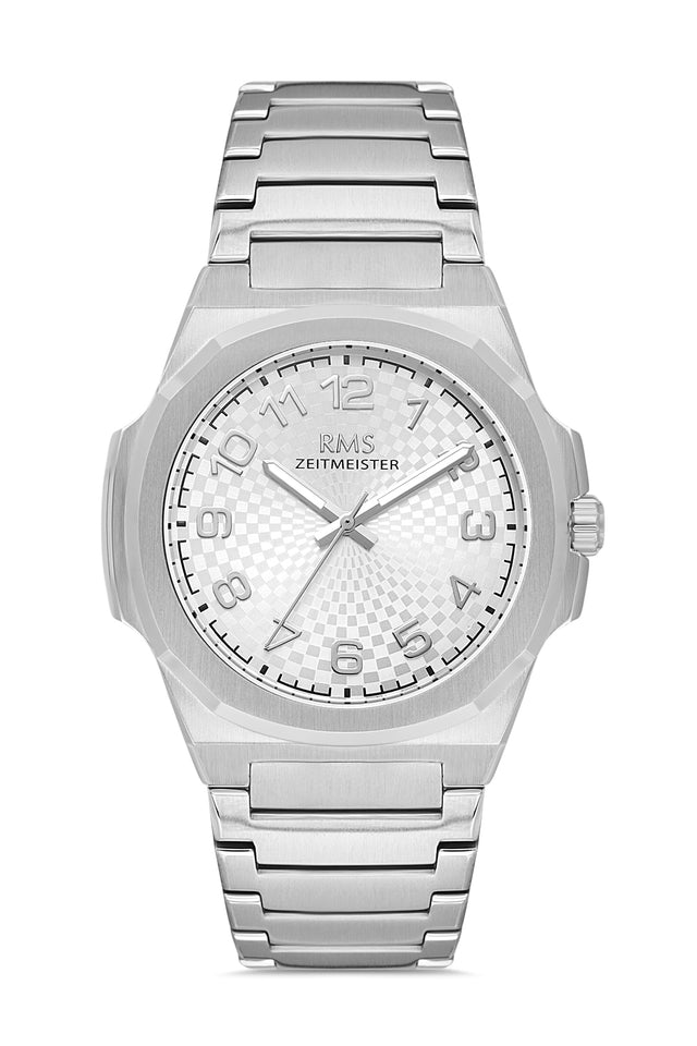 RMS Zeitmeister AG2156.10 men's watch with silver dial, silver-tone case and stainless steel bracelet – front view