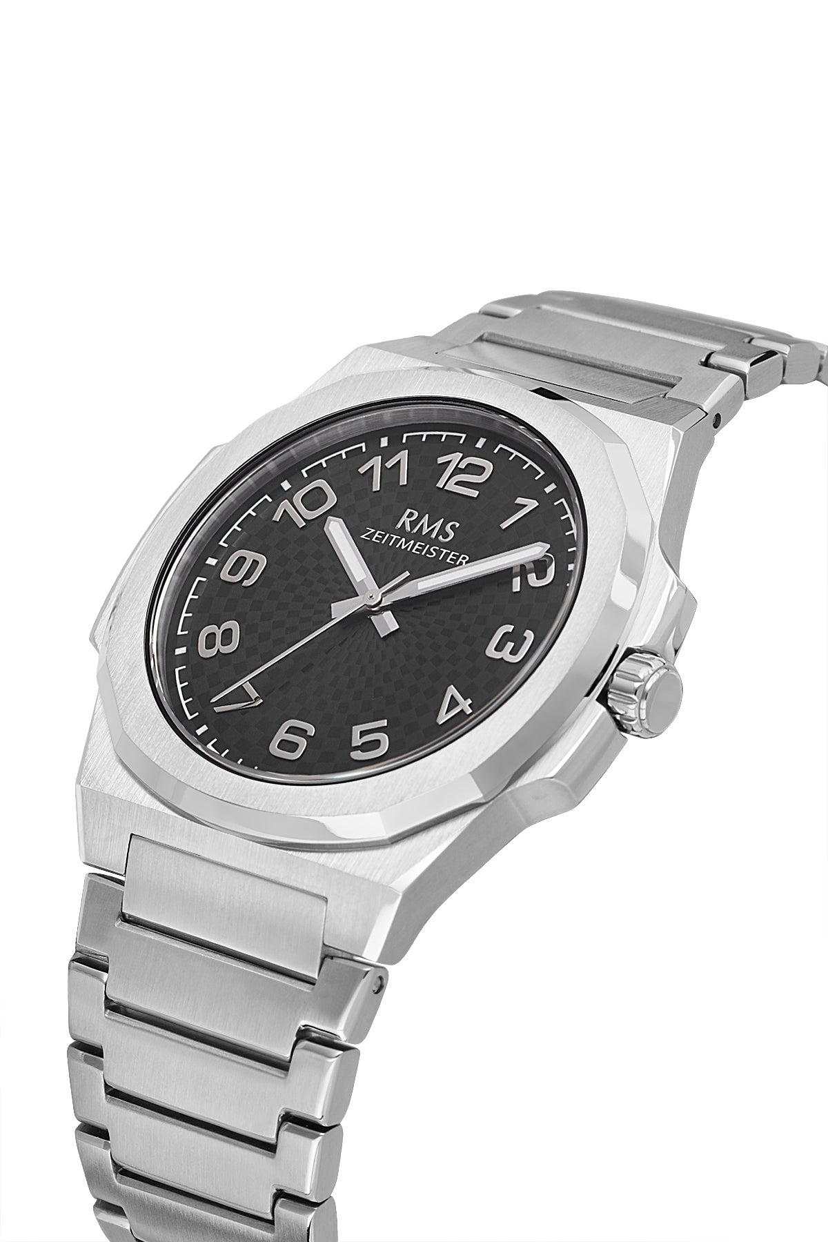 RMS Zeitmeister AG2156.12 men's watch with black dial, silver-tone case and stainless steel bracelet – angled view
