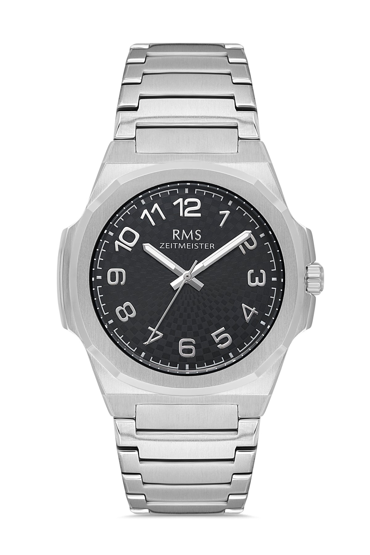 RMS Zeitmeister AG2156.12 men's watch with black dial, silver-tone case and stainless steel bracelet – front view